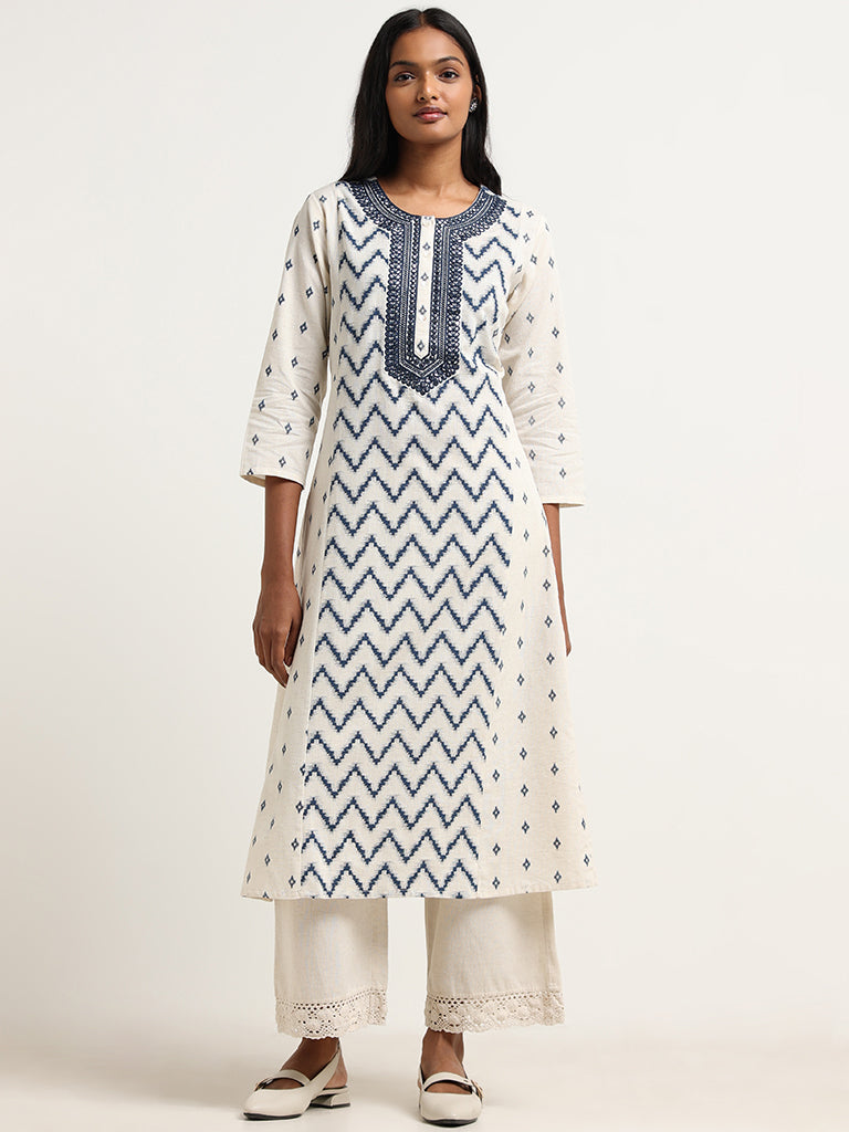 Utsa Indigo Mirror Embroidered Blended Linen Kurta