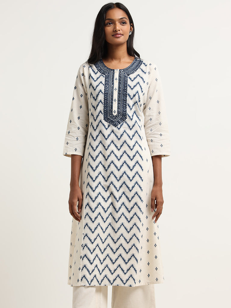 Utsa Indigo Mirror Embroidered Blended Linen Kurta