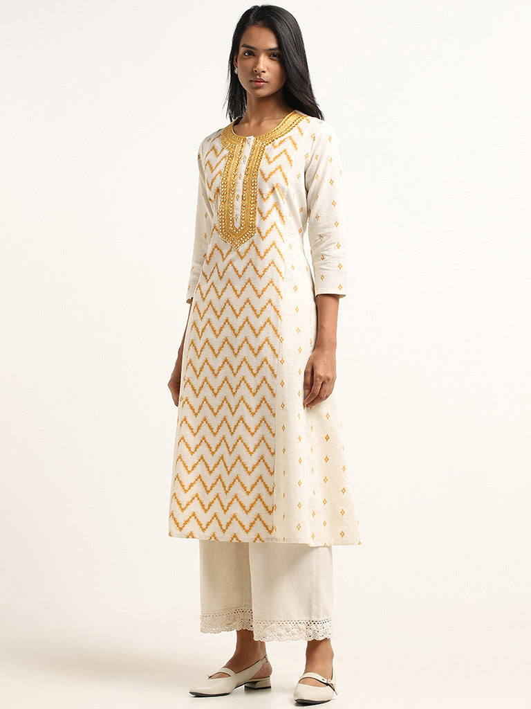 Utsa Off-White Embroidered Blended Linen Kurta