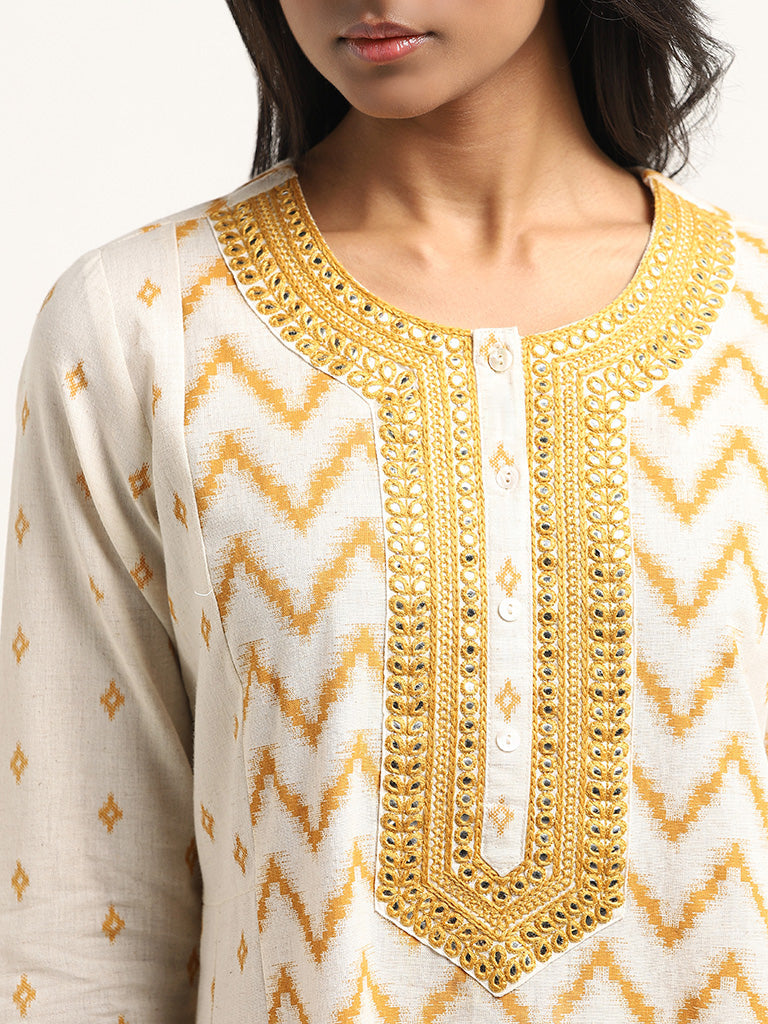 Utsa Off-White Embroidered Blended Linen Kurta