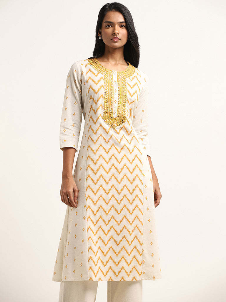 Utsa Off-White Embroidered Blended Linen Kurta