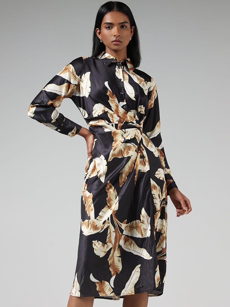 Wardrobe Black Leaf Printed Ruched Dress