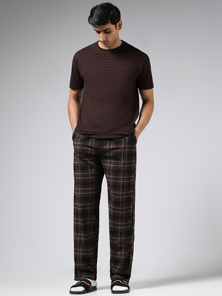 WES Lounge Brown Plaid Checked Cotton Relaxed-Fit Pyjamas