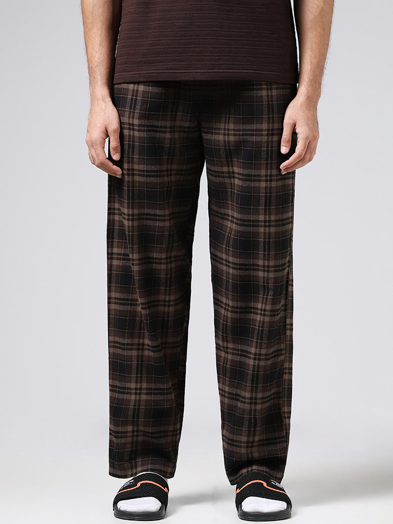 WES Lounge Brown Plaid Checked Cotton Relaxed-Fit Pyjamas