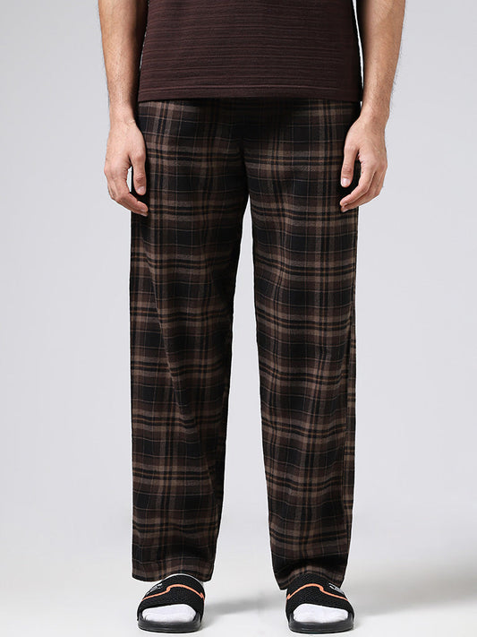 WES Lounge Brown Plaid Checked Cotton Relaxed-Fit Pyjamas