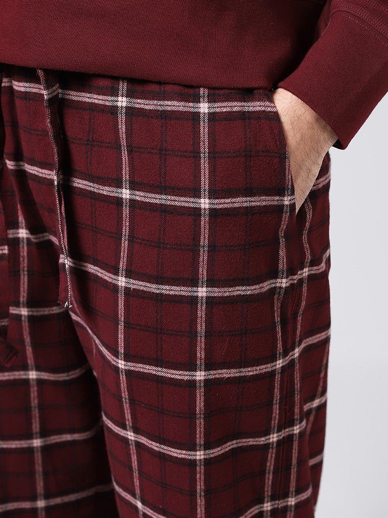 WES Lounge Maroon Plaid Checked Cotton Relaxed-Fit Pyjamas