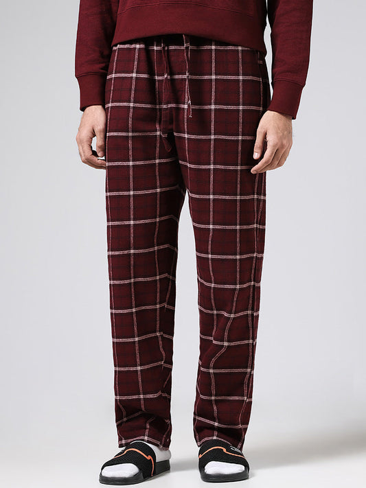 WES Lounge Maroon Plaid Checked Cotton Relaxed-Fit Pyjamas