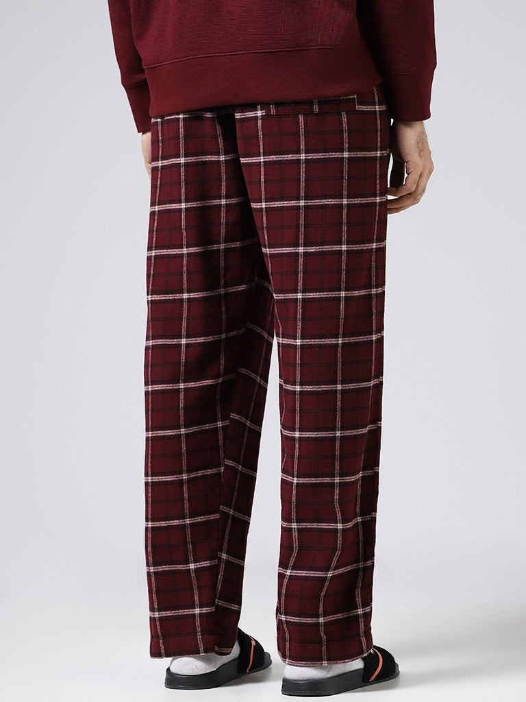 WES Lounge Maroon Plaid Checked Cotton Relaxed-Fit Pyjamas