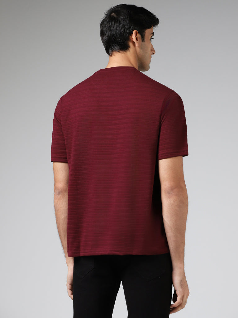 WES Lounge Burgundy Self-Striped Cotton Blend Relaxed-Fit T-Shirt