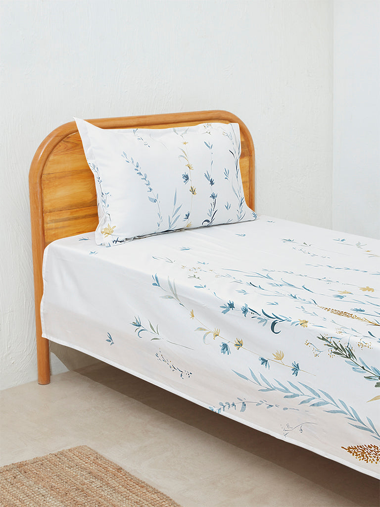 Westside Home Blue Floral Design Single Bed Flat Sheet and Pillowcase Set