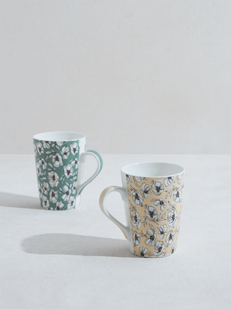 Westside Home Green & Yellow Devonian Floral Mugs (Set of 2)