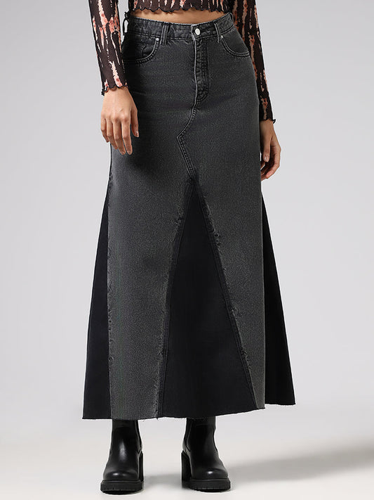 Nuon Grey Pleat Accent Denim Maxi Skirt