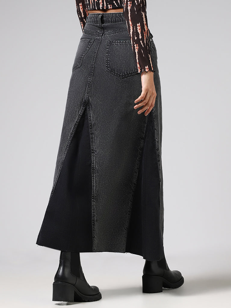 Nuon Grey Pleat Accent Denim Maxi Skirt