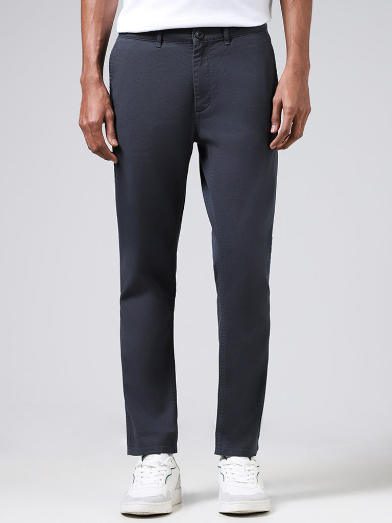 Nuon Solid Navy Cotton Slim-Fit Mid-Rise Chinos