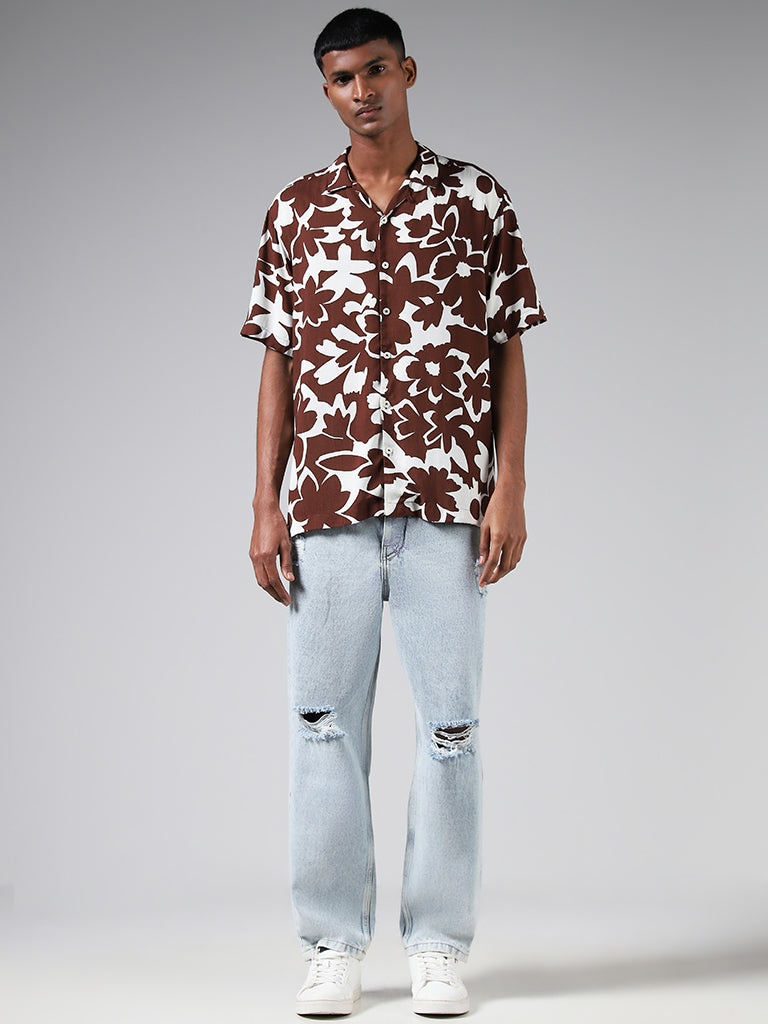 Nuon Floral Printed Brown Relaxed-Fit Shirt