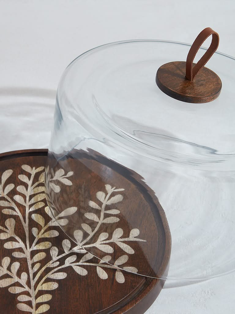 Westside Home Dark Brown Leaf Design Glass Cloche