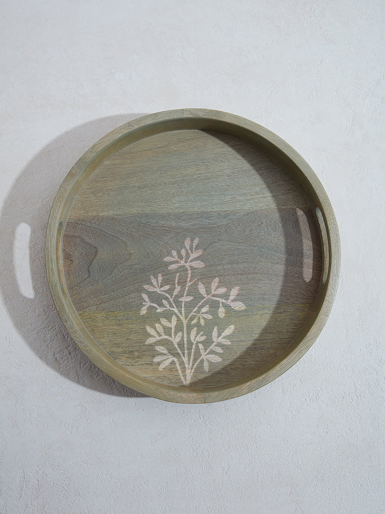 Westside Home Green Wooden Leaf Pattern Round Tray