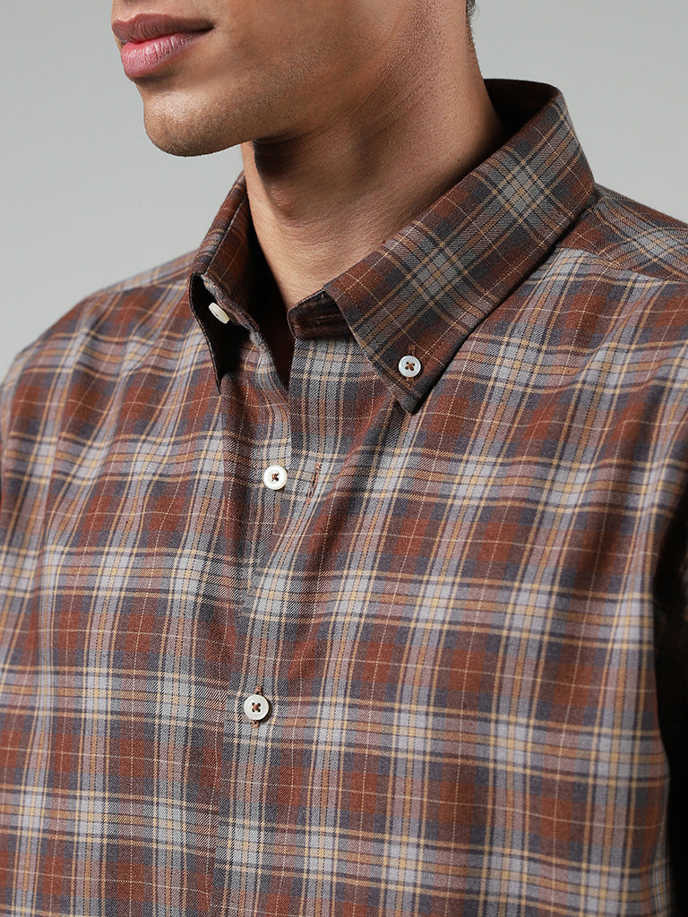 Ascot Brown Checked Cotton Blend Relaxed-Fit Shirt