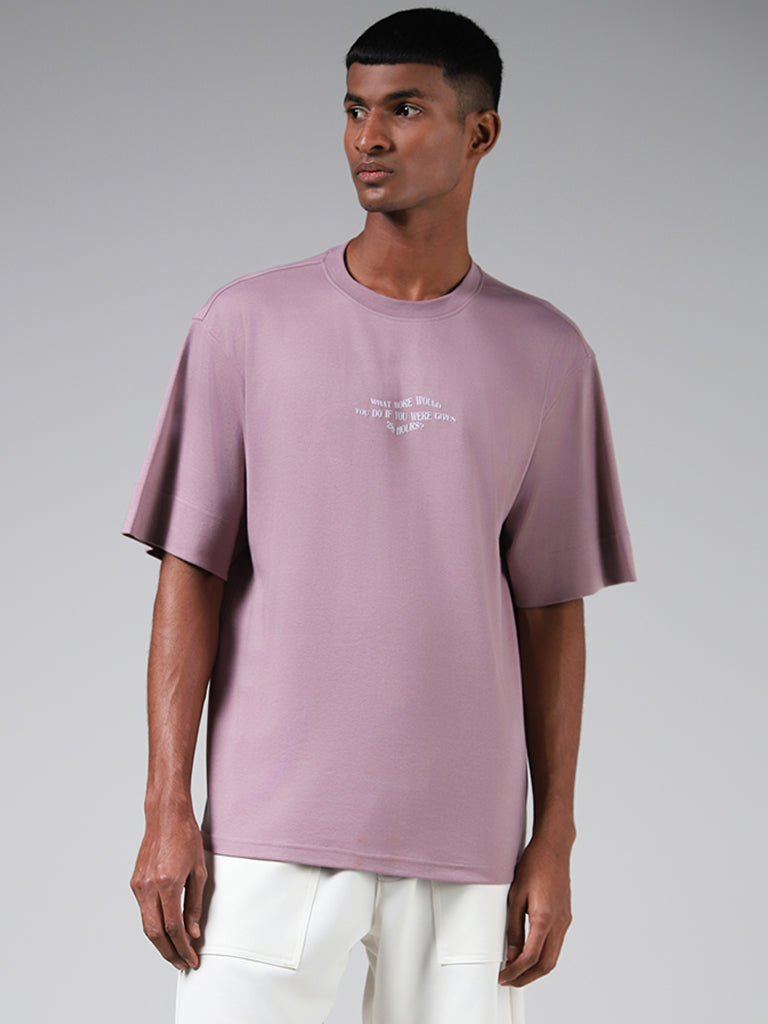 Studiofit Mauve Typographic Printed Cotton Blend Relaxed-Fit T-Shirt