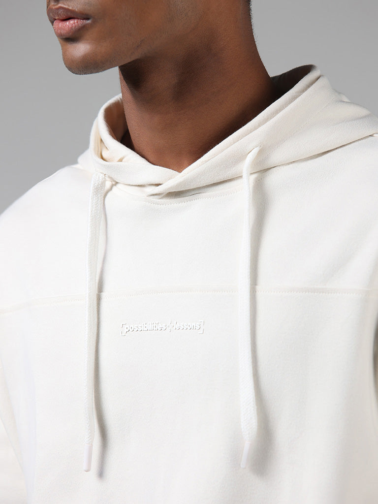 Studiofit Off White Typographic Cotton Relaxed-Fit Hoodie