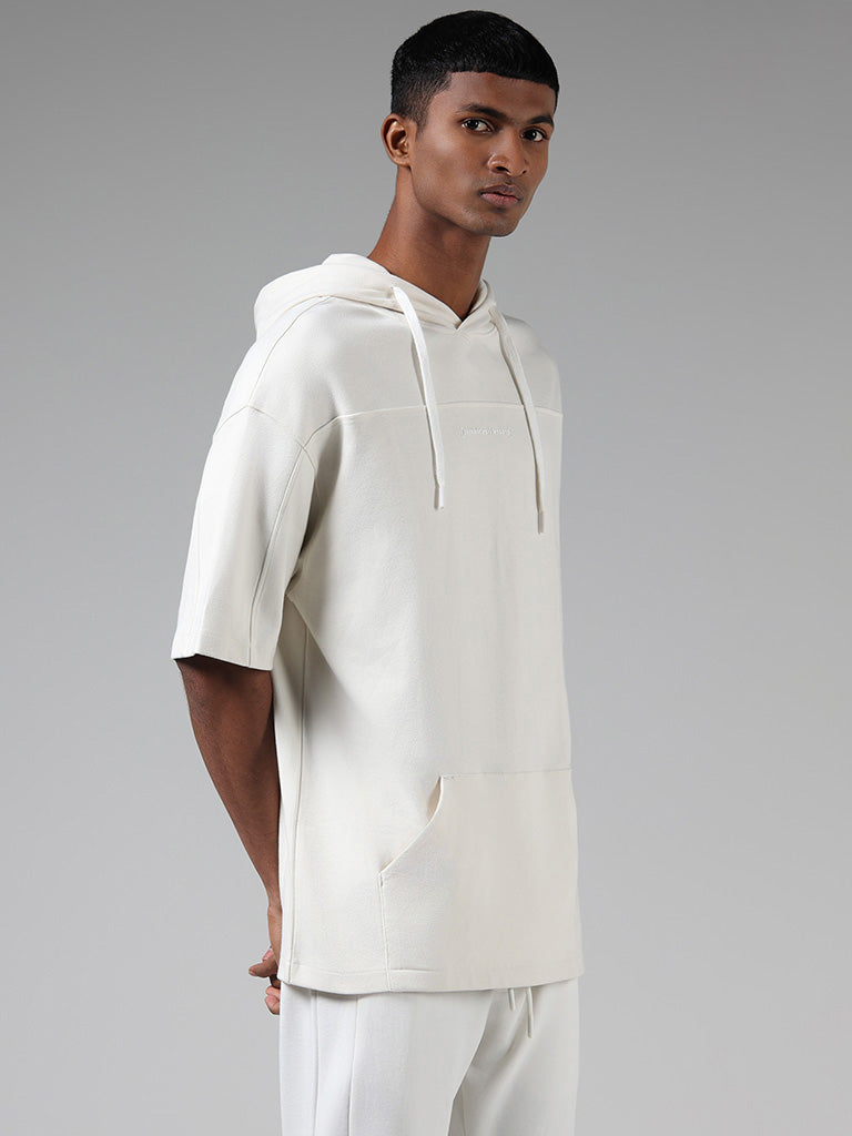 Studiofit Off White Typographic Cotton Relaxed-Fit Hoodie