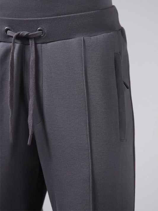 Studiofit Grey Cotton Seam Detail Relaxed-Fit Mid-Rise Joggers