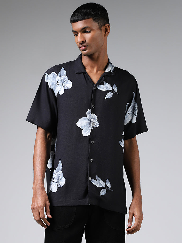 Nuon Black Floral Printed Relaxed-Fit Shirt