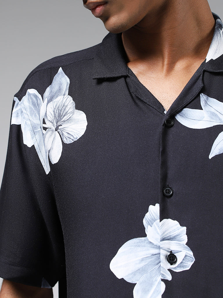 Nuon Black Floral Printed Relaxed-Fit Shirt