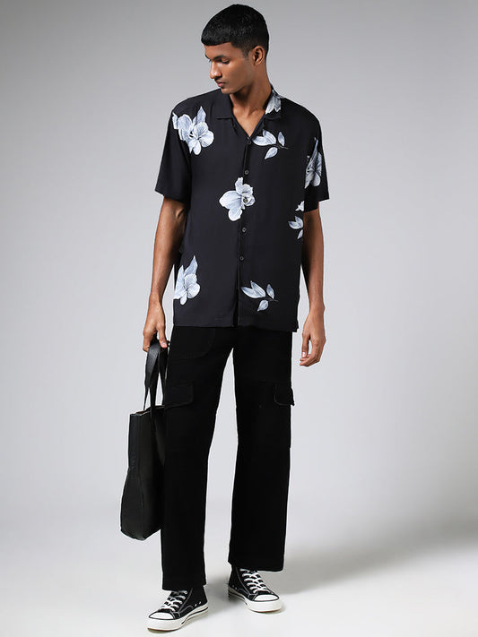 Nuon Black Floral Printed Relaxed-Fit Shirt