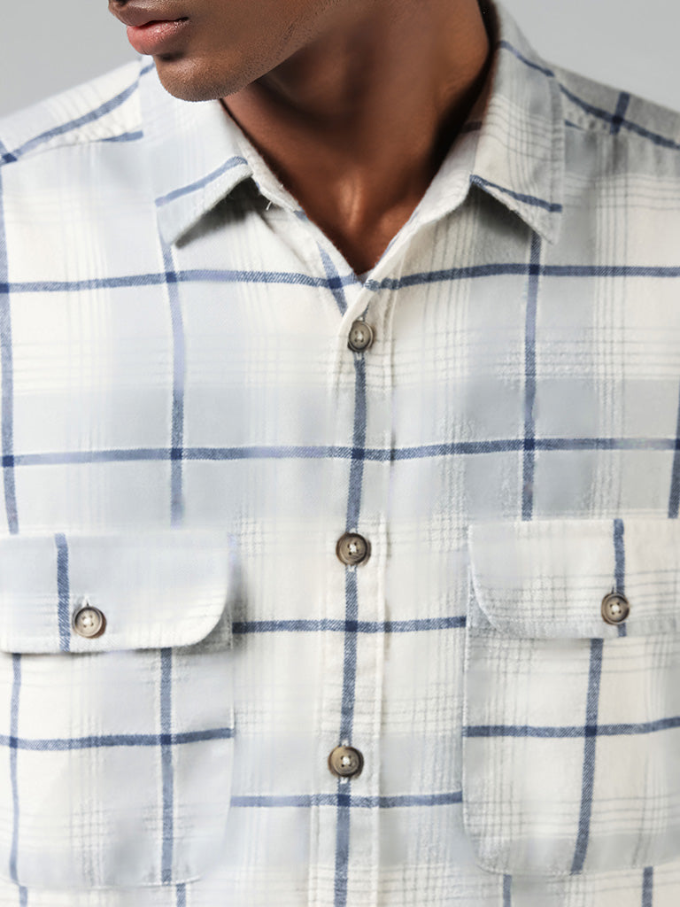 Nuon Off White Checked Cotton Blend Relaxed-Fit Shirt