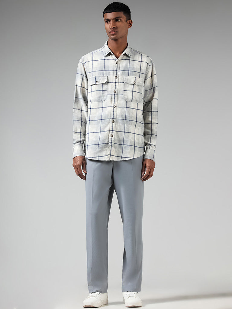 Nuon Off White Checked Cotton Blend Relaxed-Fit Shirt