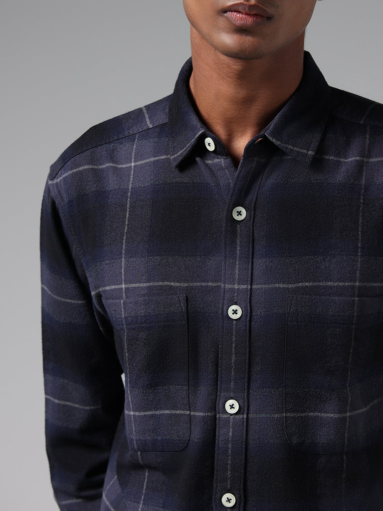 Nuon Navy Checked Cotton Blend Relaxed-Fit Shirt