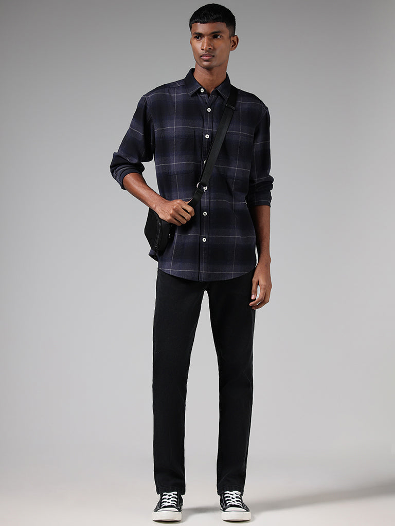 Nuon Navy Checked Cotton Blend Relaxed-Fit Shirt