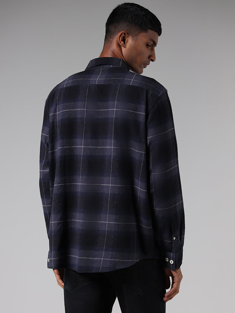 Nuon Navy Checked Cotton Blend Relaxed-Fit Shirt