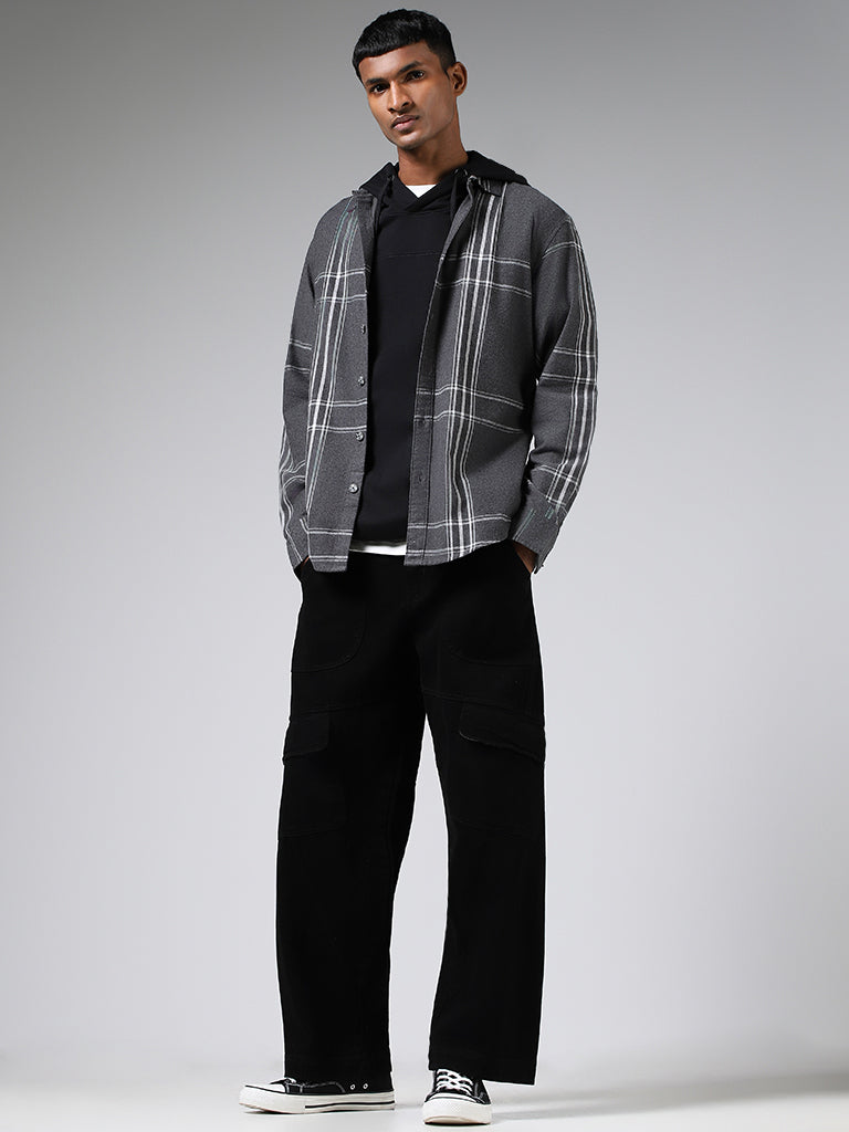 Nuon Dark Grey Checked Cotton Relaxed-Fit Shirt