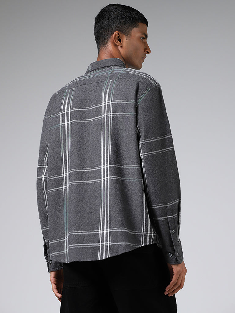 Nuon Dark Grey Checked Cotton Relaxed-Fit Shirt