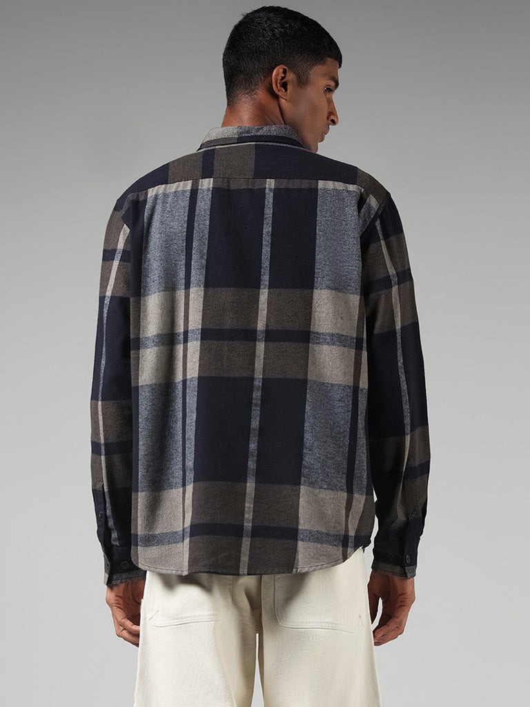 Nuon Grey Checked Cotton Blend Relaxed-Fit Shirt