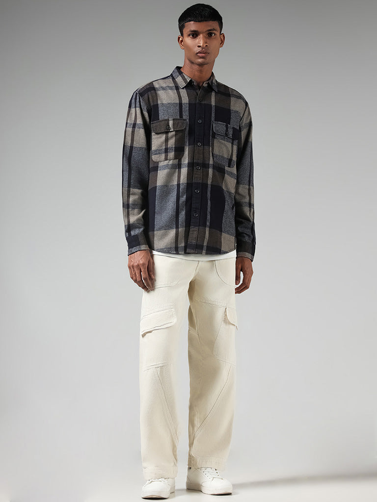 Nuon Grey Checked Cotton Blend Relaxed-Fit Shirt