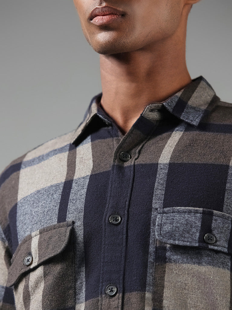 Nuon Grey Checked Cotton Blend Relaxed-Fit Shirt