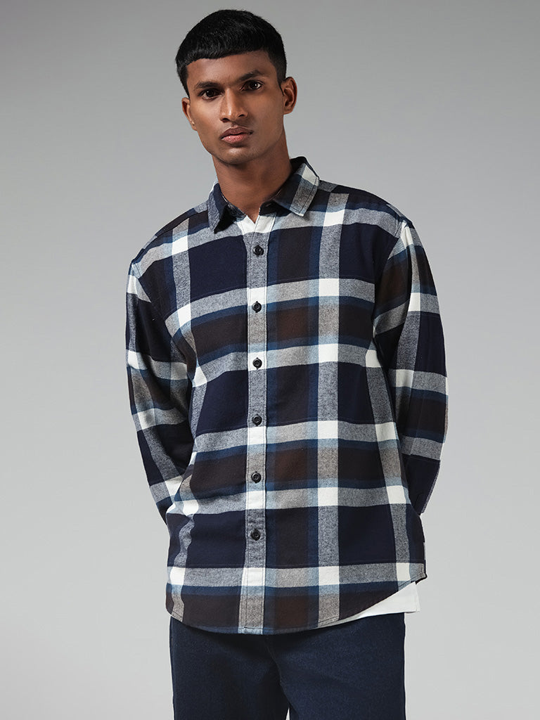 Nuon Dark Blue Checked Cotton Blend Relaxed-Fit Shirt