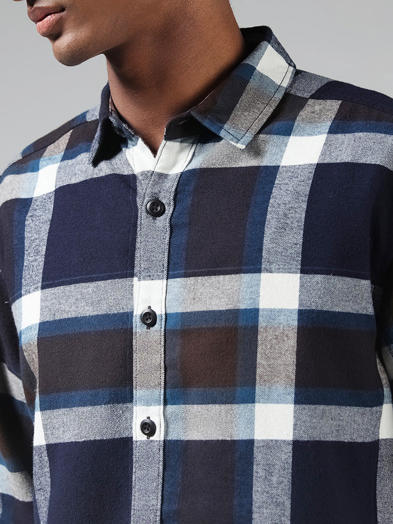 Nuon Dark Blue Checked Cotton Blend Relaxed-Fit Shirt