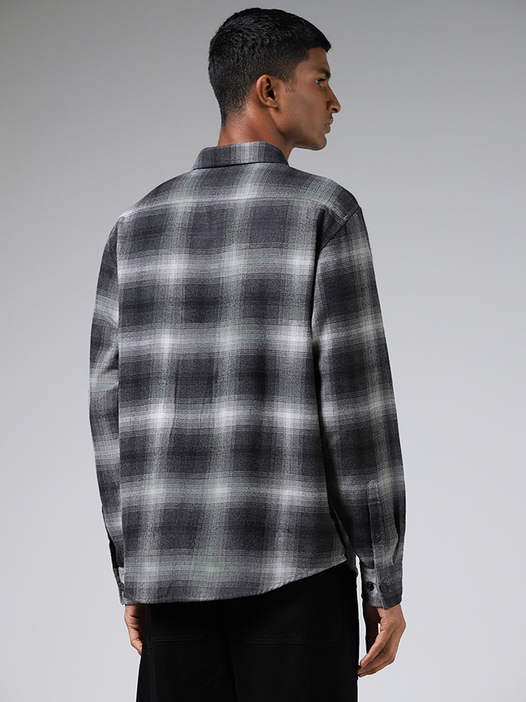 Nuon Dark Grey Plaid Checked Cotton Relaxed-Fit Shirt