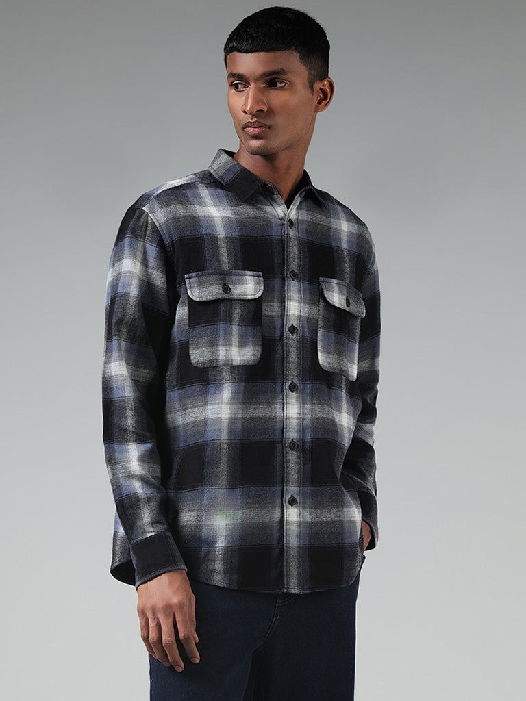 Nuon Blue Checked Cotton Blend Relaxed-Fit Shirt