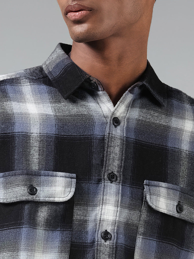 Nuon Blue Checked Cotton Blend Relaxed-Fit Shirt