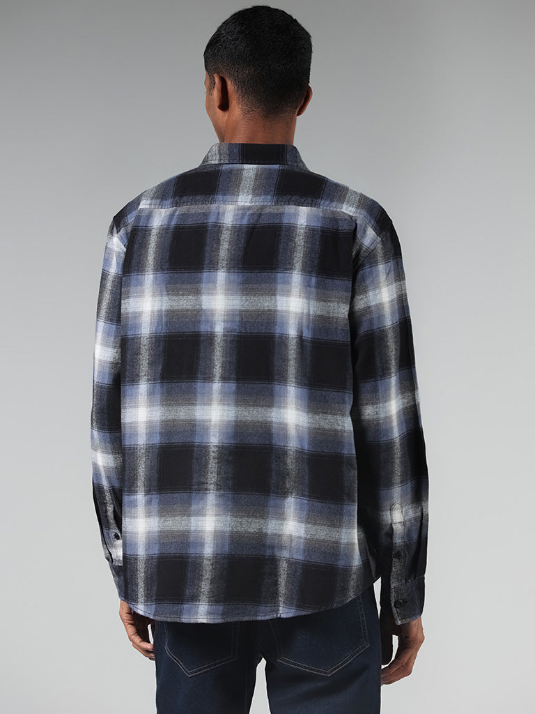 Nuon Blue Checked Cotton Blend Relaxed-Fit Shirt