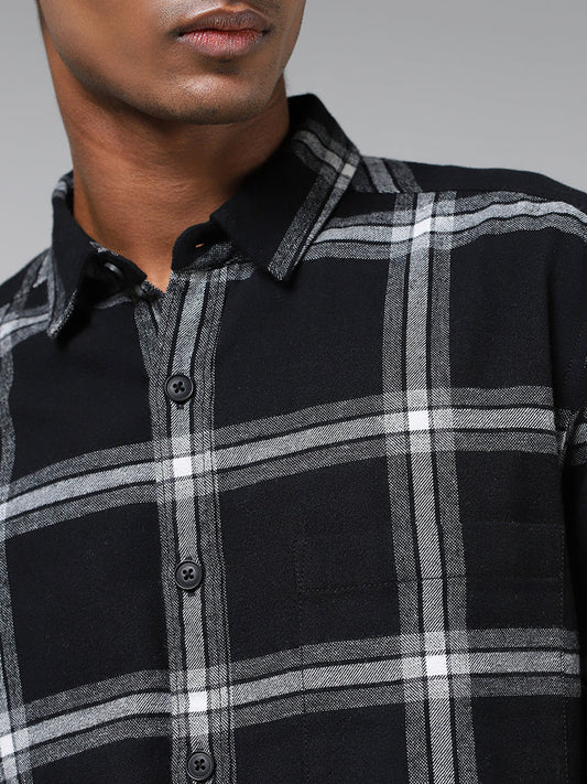 Nuon Black Plaid Checked Cotton Relaxed-Fit Shirt