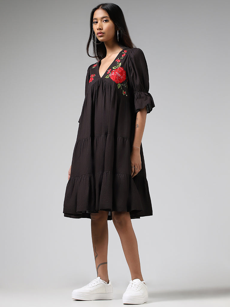 Bombay Paisley Black Floral Embroidered Cotton Tiered Dress