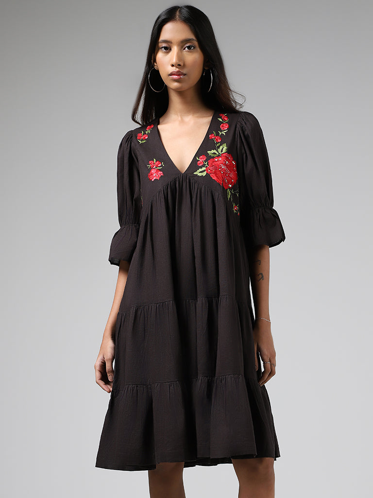 Bombay Paisley Black Floral Embroidered Cotton Tiered Dress