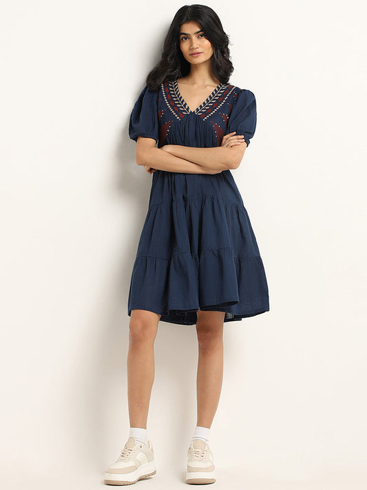 Bombay Paisley Navy Embroidered Cotton Short Dress