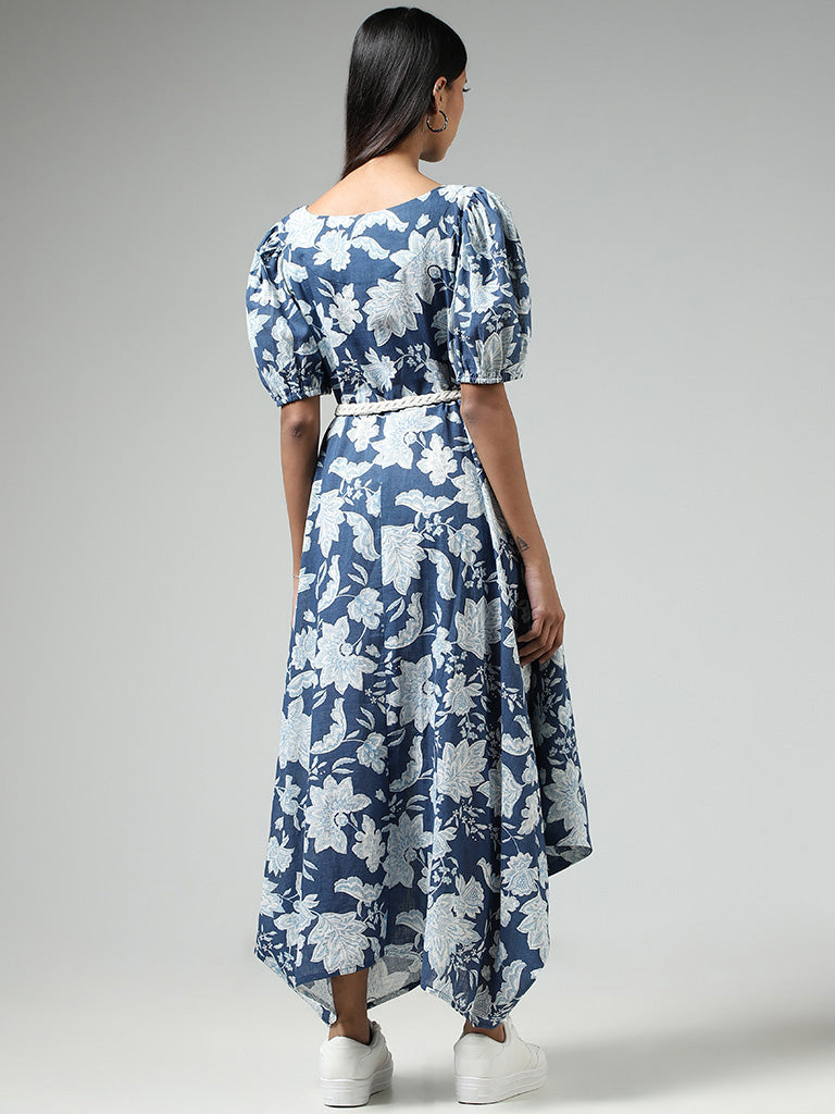 Bombay Paisley Blue Floral Printed Cotton Button-Down Dress with Belt